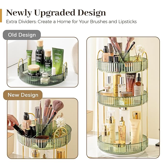 Aveniee 360 Rotating Makeup Organizer for Vanity, Perfume Storage with Brush Holder for Bathroom Countertop, 3 Tier Spinning Skincare Display Case for Lipstick Cosmetic Lotion (Green)