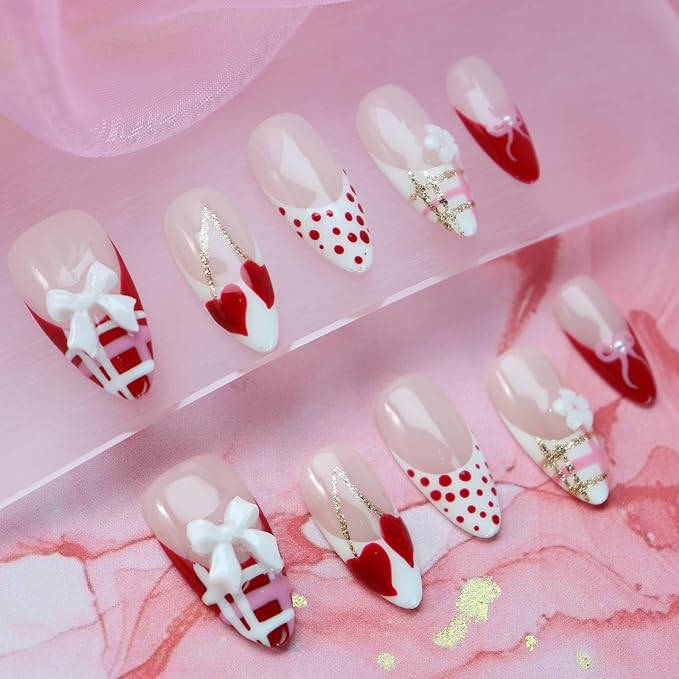 Almond Press on Nails Handmade Medium Long/Stiletto 3D Flower Fake Nail with Designs, Women Reusable False Nails (Valentine Red French, S)