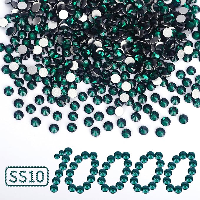 10000PCS Emerald Rhinestones Bulk, Flat Back Crystal Glass Stone Round Gems,SS10, 2.7-2.9mm