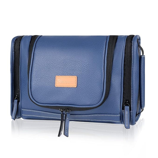 MIRASON Hanging Toiletry Bag for Men PVC Leather Dopp Kit Waterproof Travel Organizer Bag with Sturdy Metal Hook and Handle for Bathroom Shower Cosmetics Camping Brushes Shaving (Blue)