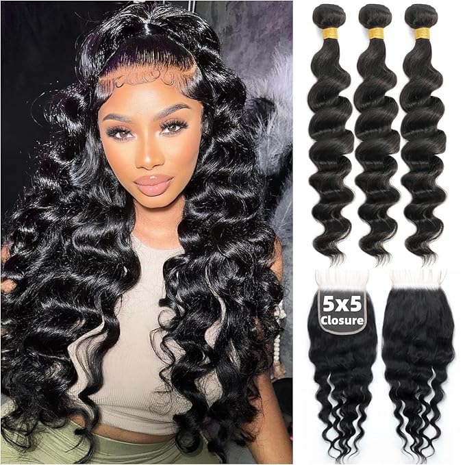 12A Human Hair 3 Bundles with 5x5 HD Lace Closure (22 24 26 +22) 100% Unprocessed Brazilian Virgin Remy Hair Loose Wave Human Hair Bundles with Closure Natural Color