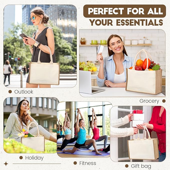 Sweetude 4 Set Jute Burlap Tote Bag with Canvas Makeup Pouch Reusable DIY Craft Blank Gift Bags for Wedding Bridesmaid(Beige)