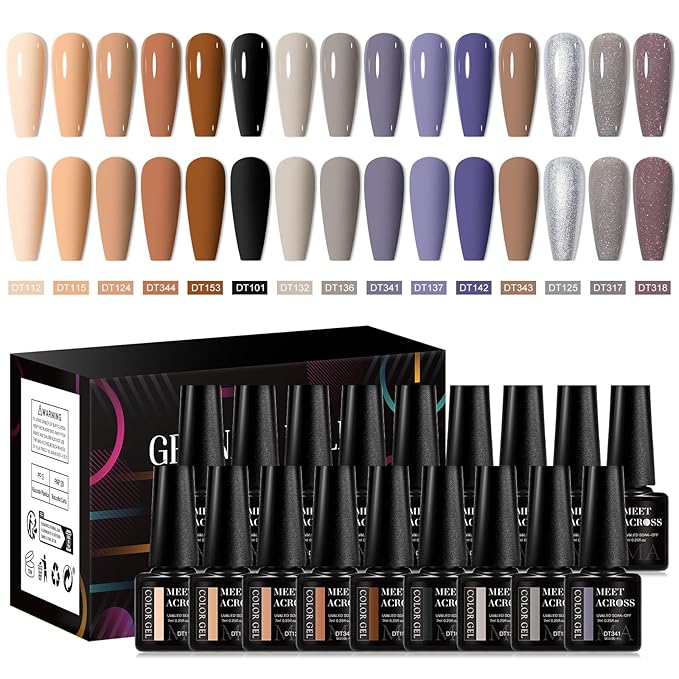 MEET ACROSS Brown Nude Gel Nail Polish Set Chocolate Gel Polish Kit All Seasons Gray Dark Tan Taupe Nail Gel Polish Soak Off UV Nail Design Home Diy Gift for Women 18pcs*7ml