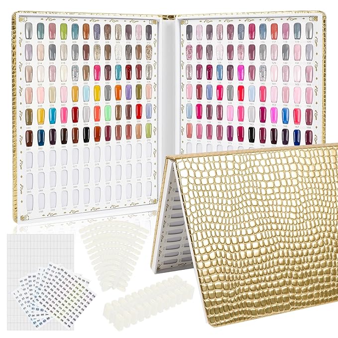 216 Colors Nail Display Chart, Nail Gel Polish Organizer Color Card with 240 False Nail Tips, Nail Color Display Book Chart Salon Nail Supplies Sample Chart Tool Set Nail Swatch (Gold, 1 Pack)