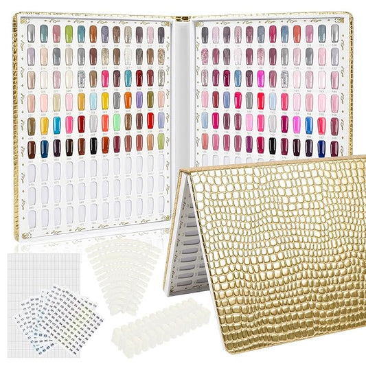 216 Colors Nail Display Chart, Nail Gel Polish Organizer Color Card with 240 False Nail Tips, Nail Color Display Book Chart Salon Nail Supplies Sample Chart Tool Set Nail Swatch (Gold, 1 Pack)