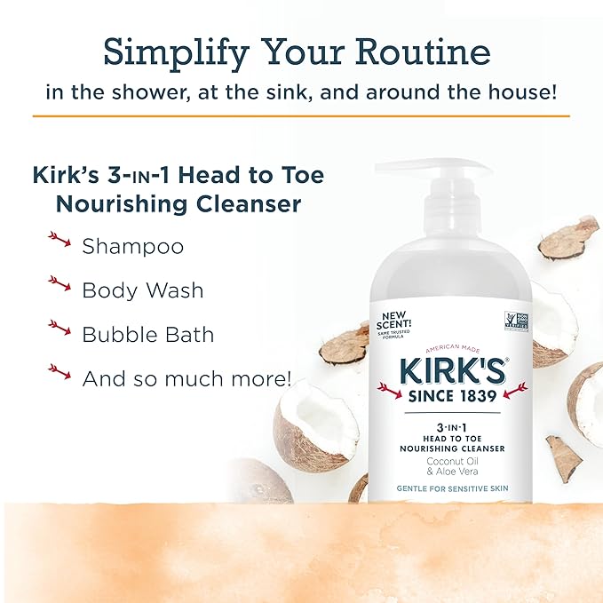 Kirk's 3-in-1 Head to Toe Nourishing Liquid Cleanser- for Men, Women & Children - Premium Coconut Oil & Aloe Vera- Non GMO & Vegan - Citrus Twist - 32 Fl Oz. - 2 Pack