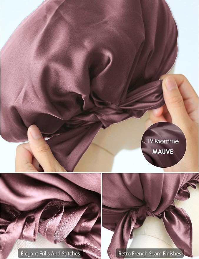 100% Silk Bonnet for Sleeping, Hair Bonnet with Tie Band, Large Silk Sleep Cap for Curly Hair, Silk Hair Wrap for Hair Care (Mauve)