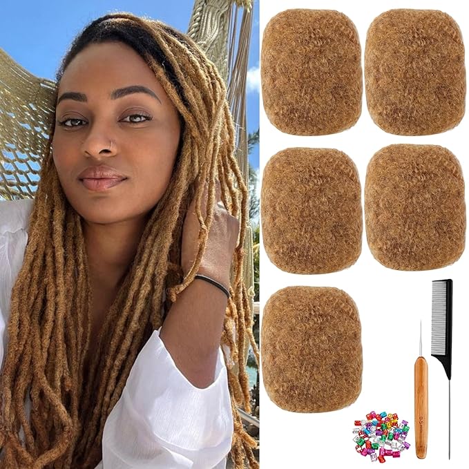 Afro Kinkys Bulk Human Hair for Dreadlock Extensions,Repair Locs, Twists and Braids, 5 Packs 150 Gram100% Human Hair Afro Kinky Bulk Can be Dyed and Bleached (honey Blond, 8inch)