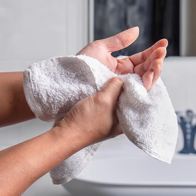 Bulk Spa White Washcloths – Set of 24 – Size 12” x 12” – Thick Loop Pile Washcloth – Absorbent and Soft 100% Ring-Spun Cotton Wash Cloth – Lint Free Face Towel – Wash Cloths Perfect for Bathroom