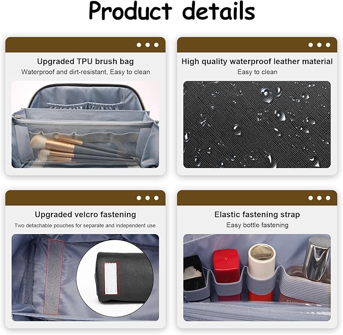 BOYATU Travel Makeup Bag Set: Portable Make up Bag for Traveling - Leather Cosmetic Bags for Women - Waterproof Toiletry Organizer Bags with Handle (D-03-Black)