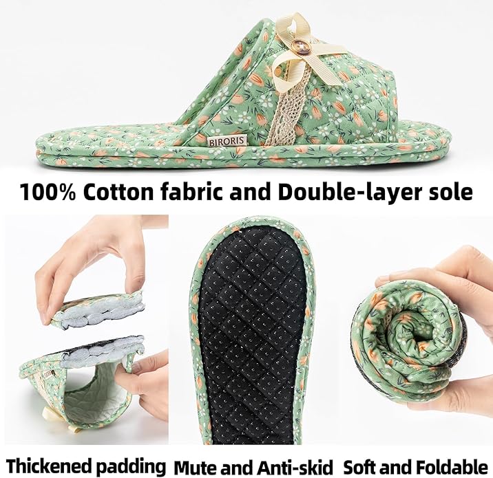 3 Pairs Floral Cotton House Slippers for Women, Open Toe Indoor Slippers Comfortable Washable Portable Foldable Guest Travel Hotel Airplane Spa Slippers
