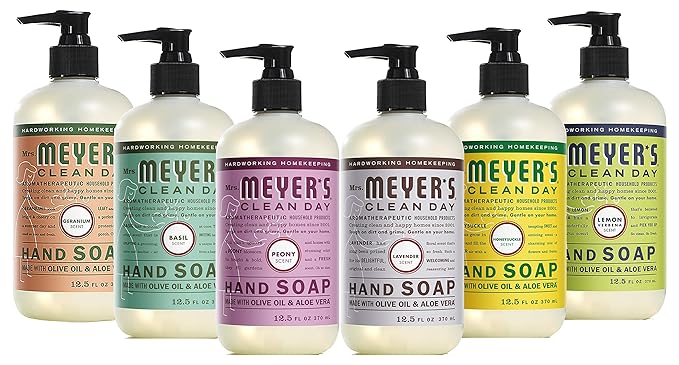 Mrs. Meyer's New 6 Scent Variety Pack, 1 Peony, 1 Geranium, 1 Honeysuckle, 1 Basil, 1 Lavender, 1 Lemon Verbena, 4 CT