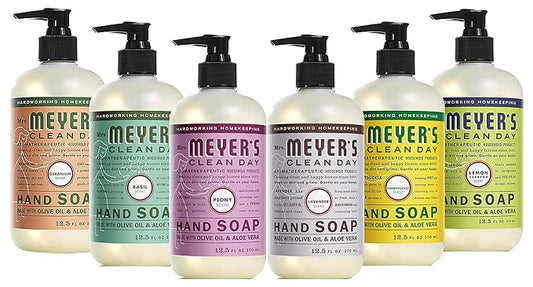 Mrs. Meyer's New 6 Scent Variety Pack, 1 Peony, 1 Geranium, 1 Honeysuckle, 1 Basil, 1 Lavender, 1 Lemon Verbena, 4 CT