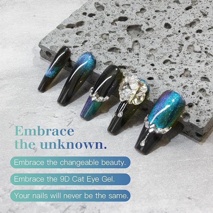 9D Cat Eye Gel Nail Polish Set, 15ml Black Gel + 15ml Sapphire Shimmer Cat Eye Gel, Includes Silicone Handle Cylinder Magnetic Stick for Mesmerizing 9D Effects