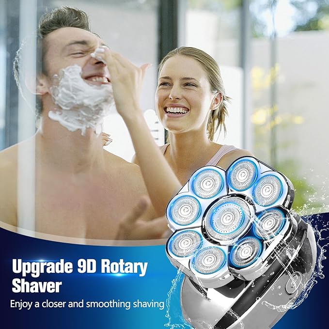 Upgrade Head Shavers for Bald Men,Head Shaver 9D, 6-in-1 Electric Razor Grooming Kit with Nose Hair Trimmer, Waterproof Wet/Dry Shaver, LED Display, Rechargeable Bald Head Razor, Gift for Men （silver）