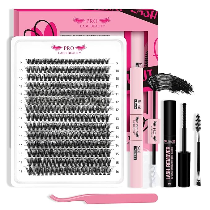 DIY Lash Extension Kit 280pcs Lash Clusters D Curl Eyelash Extension Kit Individual Lashes with Lash Bond and Seal Lash Applicator Easy to Apply at Home(60D-9-16mix Kit)