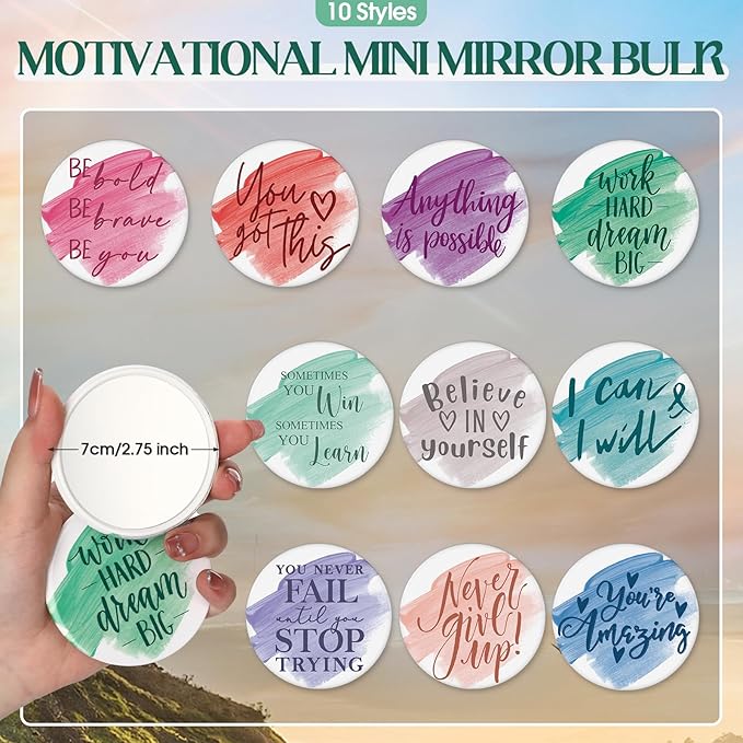 40 Pcs Employee Appreciation Gifts 20 Inspirational Canvas Makeup Bags 20 Compact Mirrors Bulk Cosmetic Bags Round Portable Pocket Mirror Thank You Gifts for Women (Motivation)