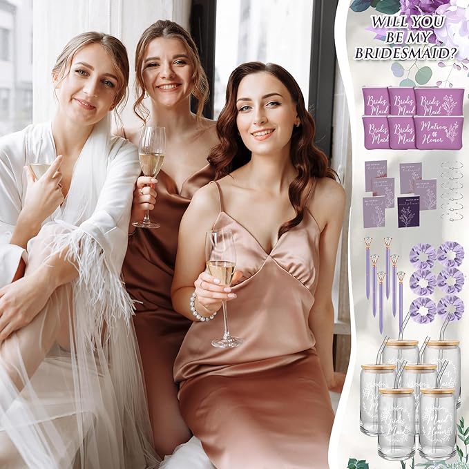 Irenare 36 Pcs Bridesmaid Proposal Gifts Bridal Shower Gifts 16 oz Glass Cup Cosmetic Makeup Bags Invited Cards Scrunchies Hair Knotted Bracelets Diamond Pens Favors for Wedding (Purple)