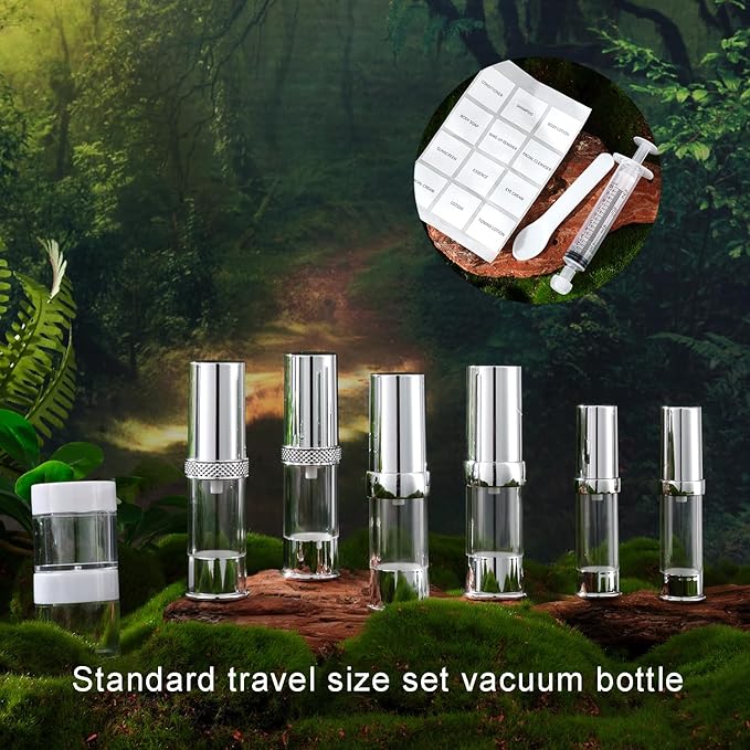 silvery travel size bottle with bag set, airless real pump bottle, reusable vacuum bottle, lotion, hand sanitizer, essence, etc (12 packs) 5ml/10ml/20g ZKP-YS-5-10-15