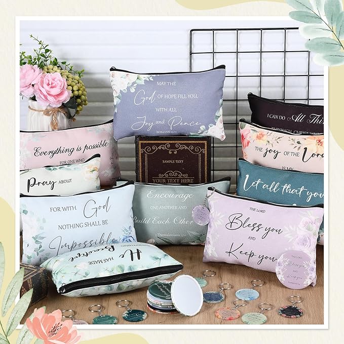 60 Pcs Christian Gifts for Women Religious Gifts Include 20 Canvas Makeup Bags 20 Bible Verse Mini Mirror 20 Inspirational Bible Keychains Church Favors for Women Mother Sister