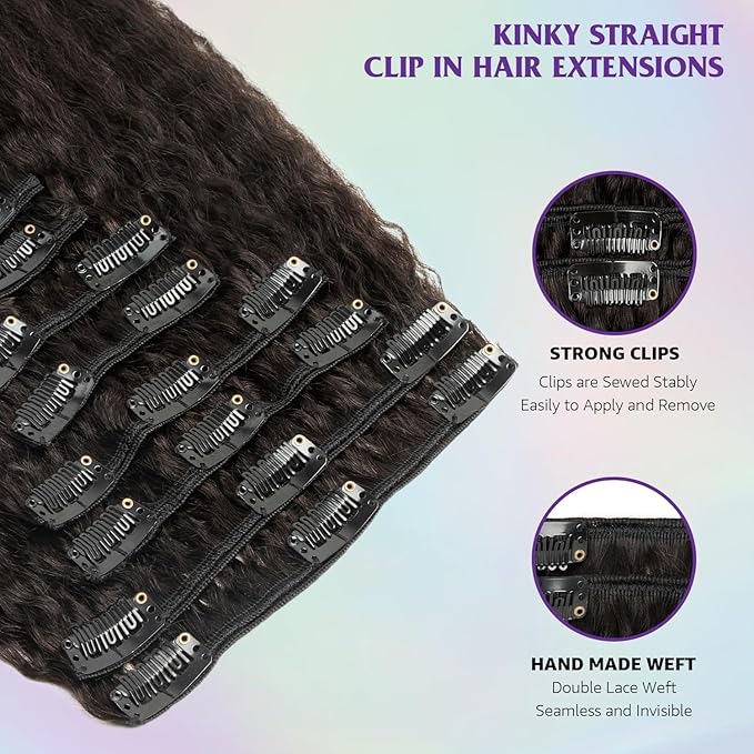 Kinky Straight Clip ins 14 Inch Clip in Hair Extensions Real Human Hair Brazilian Remy Human Hair for Women 8pcs 90g Per Set with 18 Clips Double Weft Natural Black