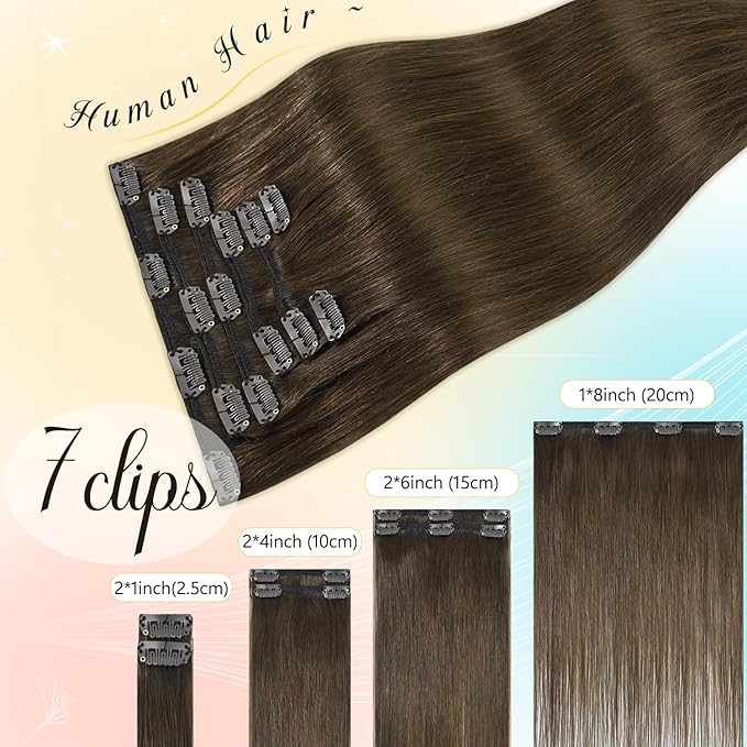 Clip in Hair Extensions Real Human Hair Medium Brown 22 inch 75g Soft Straight 100% Smooth Human Hair Brown Remy Hair Extensions Clip ins for Women