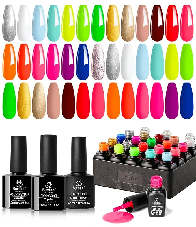 Beetles Gel Polish Set 23Pcs Neon Gel Nail Polish Kit with 3Pcs Base Gel Top Coat, Orange Blue Hot Pink Magenta Lemon Green Colors Nail Soak Off UV Manicure Rainbow Nail