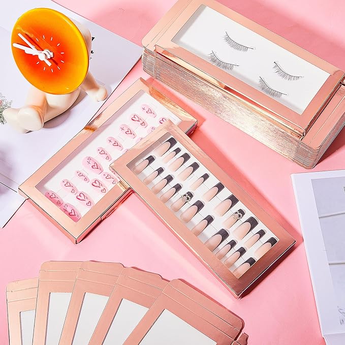 Yeaqee 100 Pieces Empty Nail Package Box with 100 Pcs White Background Papers Empty Nail Tip Box Packaging with 240 Pcs Adhesive Double Sided Tape Set for Press on Business Salon(X-Large)