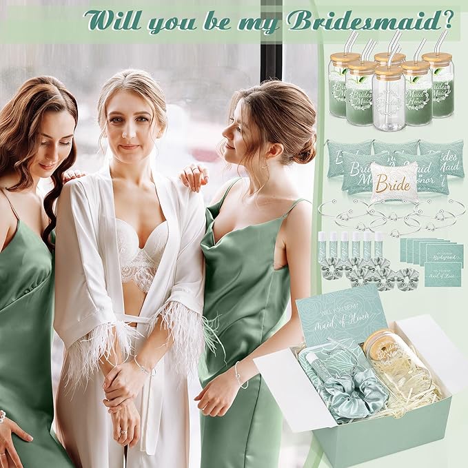 54 Pcs Bridesmaid Proposal Gifts Bridesmaid Box Set Include Bridal Shower Gift Box Makeup Bag Invited Card Glass Cup Lip Balm Scrunchie Hair Knotted Bracelet for Maid of Honor(Green, White)