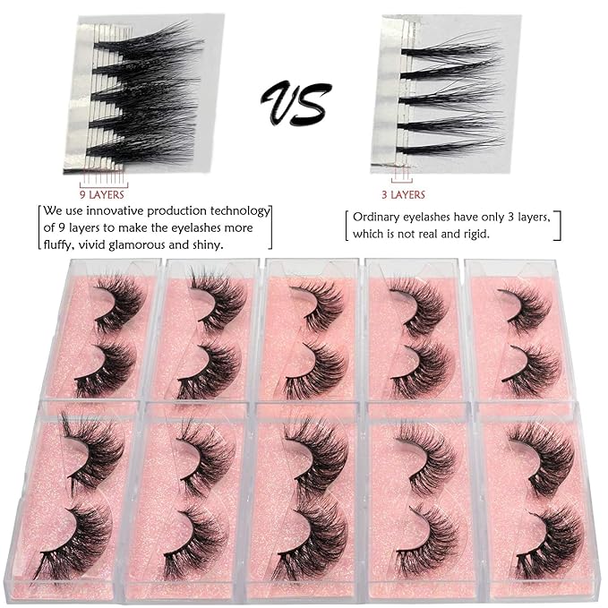 GOO GOO Mink Eyelashes, Daily Type 3D Mink Eyelashes 16mm to 20mm 10 Styles Multipack Natural Layered Effect, Hand Made Strips Fake Eyelashes 100% Real Siberian Luxury Reusable False Eyelashes