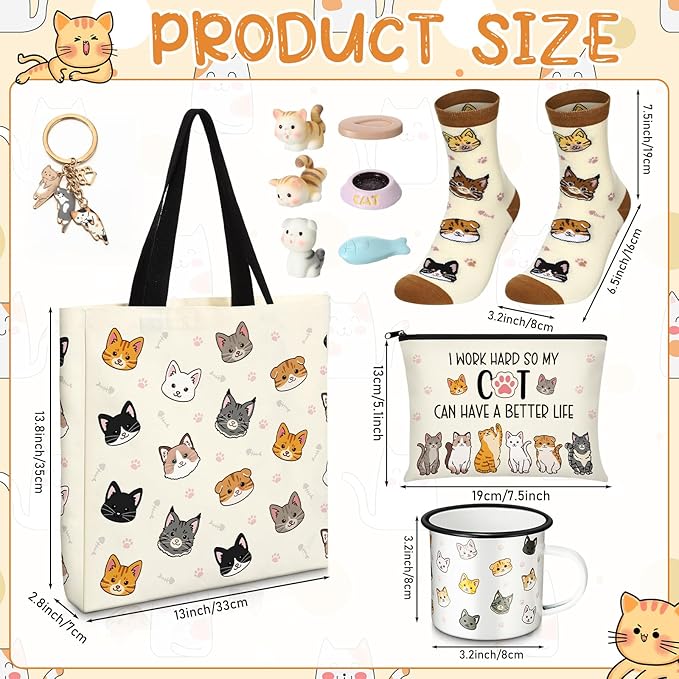 Animal Lover Gifts for Women Mother's Day Animal Themed Gifts for Mom Include Canvas Tote Bag, Makeup Bag, Socks, Keychain, Enamel Mug, Small Figurines(Cute Cat)