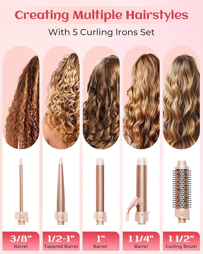ANIEKIN 5 in 1 Curling Iron Set, Fast Heat Up Curling Wand from 3/8 to 1 1/4 Inch and a Thermal Brush Come with, Dual Voltage Hair Curler for Women All Hair Types and Travel Use, Gifts for Women,Pink