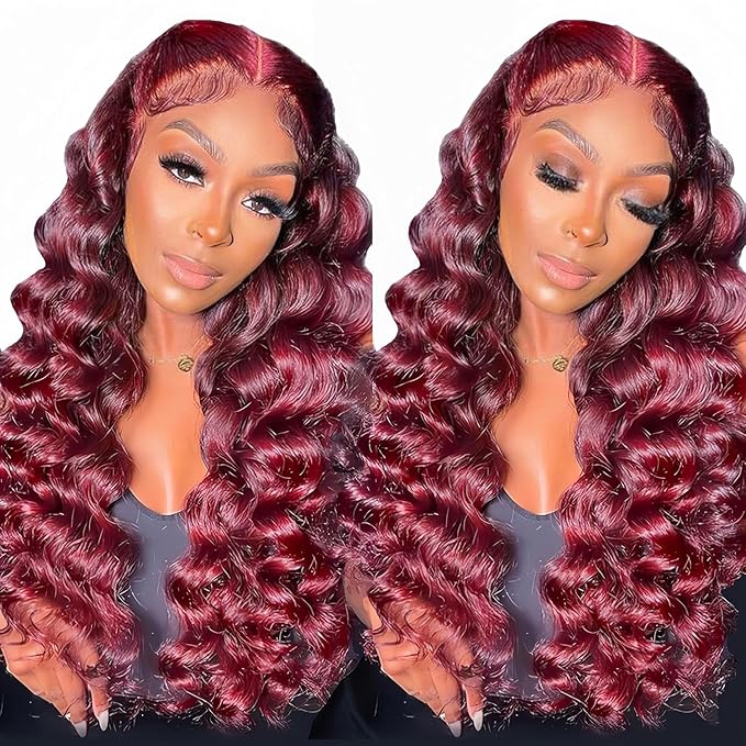 32 Inch Loose Deep Wave Lace Front Wig Human Hair Burgundy 13x4 HD Pre Plucked 180% Density 99j Loose Wave Frontal Wig Glueless With Baby Hair