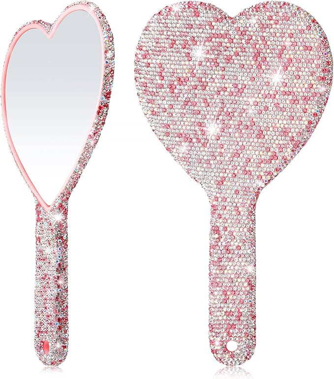Sintuff 2 Pcs 8.85 Inch Bling Rhinestone Handheld Mirror Dazzling Adorable Heart Shaped with Handle Decorative Cosmetic Glitter Makeup Hand Mirror for Women Girls Bride Wedding Gifts(Pink)