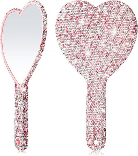Sintuff 2 Pcs 8.85 Inch Bling Rhinestone Handheld Mirror Dazzling Adorable Heart Shaped with Handle Decorative Cosmetic Glitter Makeup Hand Mirror for Women Girls Bride Wedding Gifts(Pink)