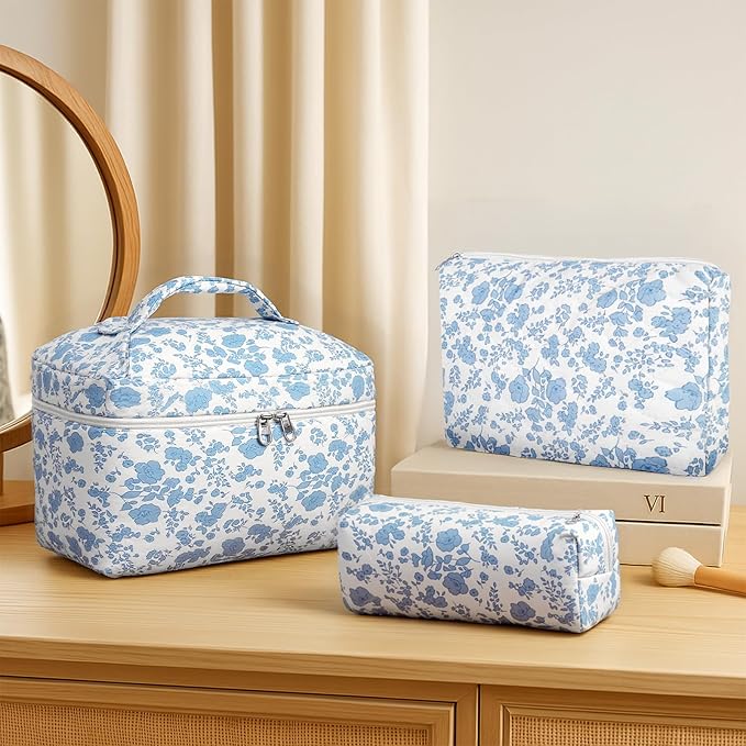 3Pcs Cotton Quilted Makeup Bag for Women Girls, Large Floral Cosmetic Bag Set Cute Makeup Brushes Aesthetic Accessories Storage Bag Travel Toiletry Bag Organizer, Little Flower Blue