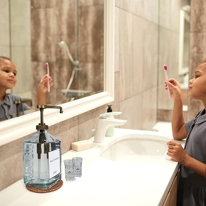 eBun Goldengleam Glass Mouthwash Dispenser (Gold Plastic Pump) 37oz Mouthwash Pump Dispenser, Mouth Wash Holder with Rinse Cup, Mouth Wash Glass Bottle, Decanter, Large Bottle for Bathroom Set