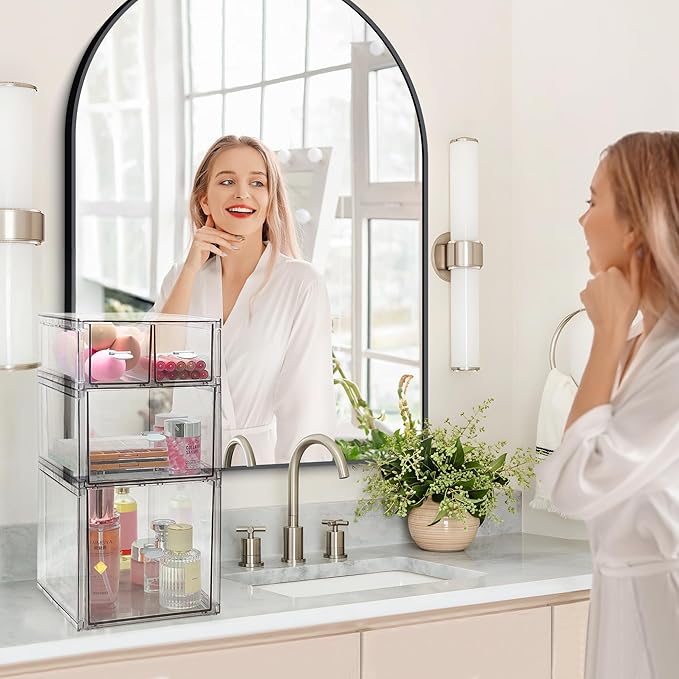 Homecor Stackable Storage Drawers Set of 7, Bathroom Makeup Organizer,Bathroom Organizers and Storage, Clear Cosmetic Storage Box For Vanity, Skincare, Undersink, Kitchen Organization (2L+M+4S)