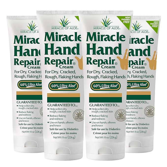 Miracle of Aloe Miracle Hand Repair Cream 8 oz Healing Aloe Vera Lotion for Dry, Cracked Hands with 60% Ultra Aloe Gel - Moisturizes, Softens, and Repairs - Non-Greasy (4-Pack)