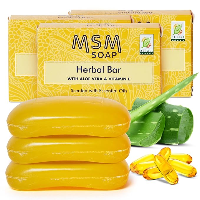 At Last Naturals MSM Soap Bar Body Soap for Women Fine Line and Wrinkle Reduction Herbal Moisturizer with Aloe Vera Vitamin E and Essential Oils Deep Cleansing for Sensitive Skin 3 Ounce (Pack of 3)