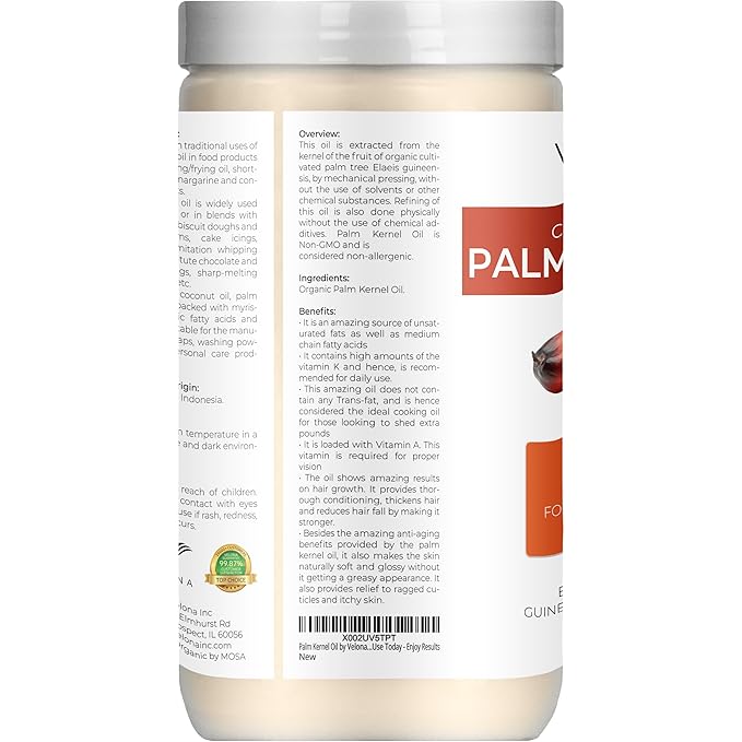velona USDA Certified Organic Palm Kernel Oil - 32 Fl Oz | 100% Pure and Natural Carrier Oil | Refined, Cold Pressed | Face, Hair, Body & Skin Care | Use Today - Enjoy Results