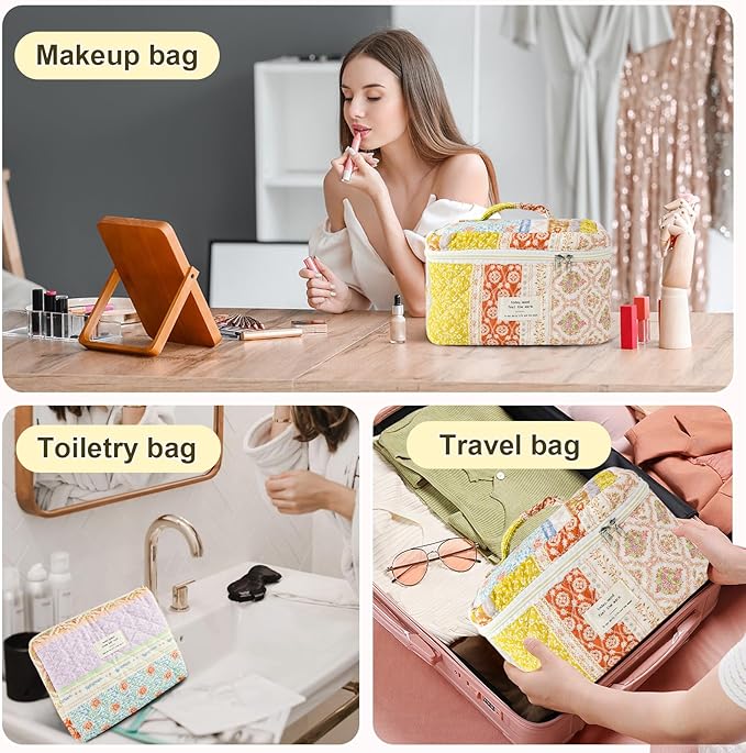3Pcs Makeup Bag Cotton Quilted Travel Cosmetic Bag Cute Floral Makeup Pouch Large Toiletry Bag for Women Girls (Flower stitching)