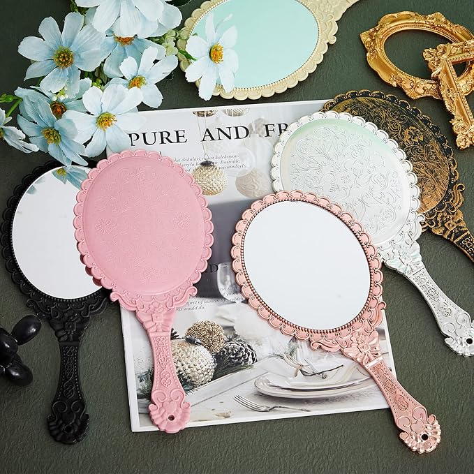 Qunclay 12 Pcs Vintage Handheld Mirror, 9.8" L x 4.5" W Small Colorful Embossed Portable Princess Mirror for Classroom Kids Princess Party Favors Travel
