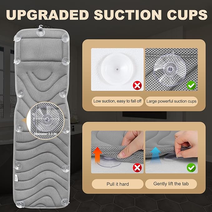 Full Body Bath Pillow for Bathtub, Non-Slip Bath Pillows for Tub, Spa Bathtub Pillow Cushion for Headrest Neck Shoulder and Back Rest Support，Relaxation Spa Accessories-50 x 15" (Grey)