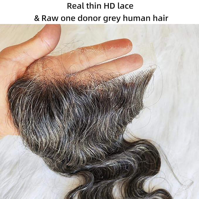 4×4 Thin HD Body Wave Human Hair Closure 12IN Raw Salt and Pepper Unprocessed Wavy Gray Closure Human Hair Invisible Thin Lace Body Wave Natural Black Mixed 50% Grey Virgin Hair Piece by Clytie