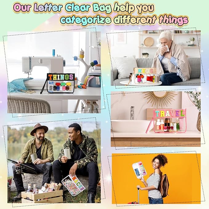 Abbylike 6 Pcs Chenille Letter Clear Zipper Pouch Summer Waterproof Cosmetic Pouch Travel Gym Beach Hawaii Bag Travel Patch Purse Makeup Letter Bag for Women Girls, 6 Colors(Charming Colors,Stylish)