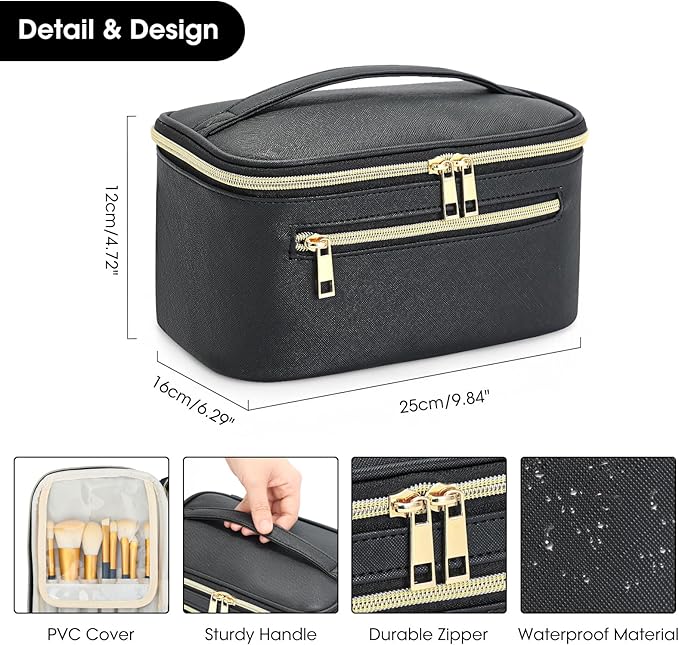 Travel Makeup Bag Organizer, Large Capacity Cosmetic Pouch for Women, Waterproof Make Up with Divider, Clamshell Makeup Case Make Up Bag with Handle and Metal Zipper, Travel Essentials Black