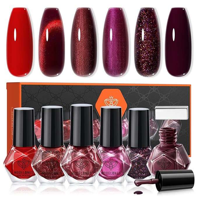 modelones Christmas Nail Polish Set 6 Colors, Dark Red Cat Eye Burgundy Glitter Quick Dry Mini Nail Lacquer Kit Magnetic Maroon Purple Cherry Red Winter DIY Home Nail Art Manicure Gift for Women Girls