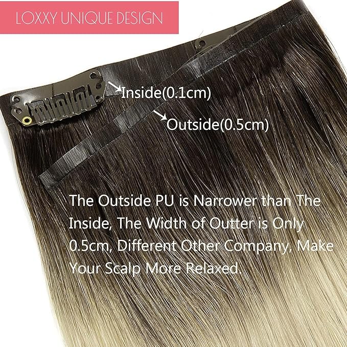 Loxxy Seamless Clip in Hair Extensions Real Human Hair Clip in Extensions Rooted Darkest Brown to Platinum Blonde Ombre 7Pcs 110G 20Inch #R2-60A Invisible PU Skin Weft Natural Remy Human Hair
