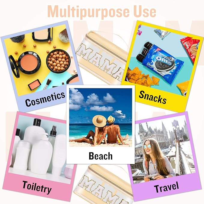 Chenille Letter Clear Makeup Bags Mama Pouch, Preppy Patch Makeup Bag Zipper with Handle, Transparent PVC & Nylon Waterproof Glitter Cosmetic Handbag Travel Toiletry Storage for Women Girl(MAMA-Beige)